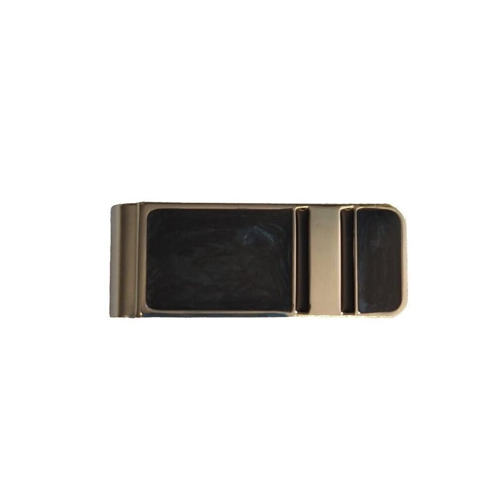 Money Clip Bill Holder Silver Tone Metal and Black Dark Blue Enamel New